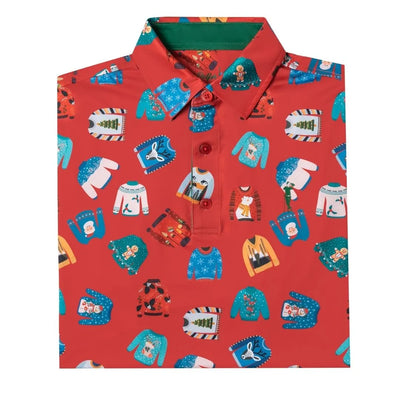 The Grunk Dolfer Ugly Sweater Polo is a folded red polo with a festive pattern of holiday sweaters, featuring Christmas trees, reindeer, snowflakes, and Santa Claus.