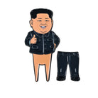 Showcasing Grunk Dolfer’s “Kim Jong Divot Tool,” this quirky set features a cartoon pin of a smiling man with no pants giving a thumbs-up, playfully paired with a separate pin of black pants. A fun twist on the classic golf divot tool or magnetic ball marker, it’s the perfect gift for golf enthusiasts. White background.