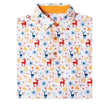 The Grunk Dolfer Christmas Deer Polo features a festive red, blue, orange, and beige reindeer pattern with light blue and yellow snowflakes on white, made from comfortable performance fabric.