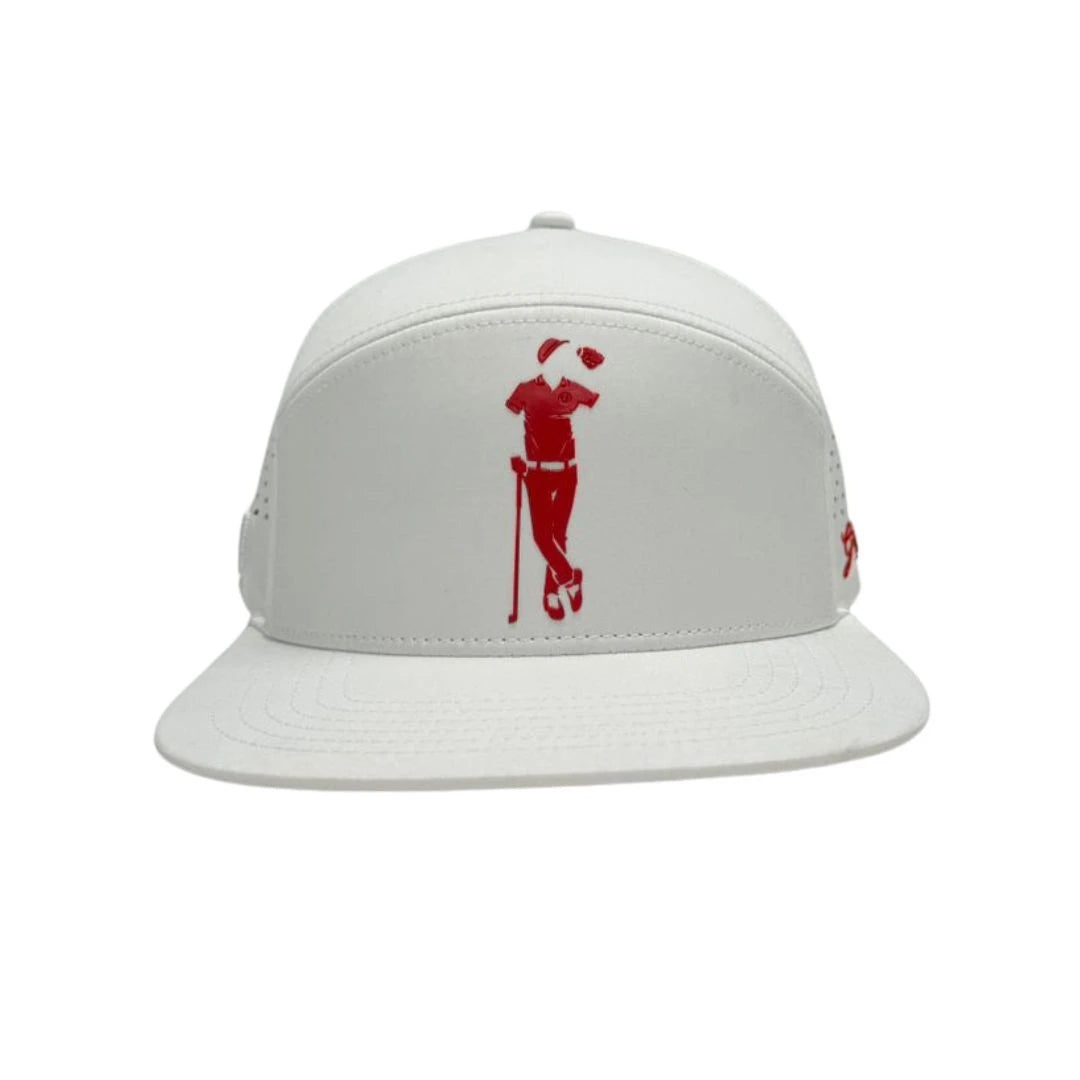 The Grunk Dolfer White Grunk Open Hat is a snapback golf hat featuring a minimalist red graphic of a golfer leaning on a club, centered on the front panel.