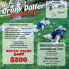 Three people relax on grass with golf clubs and cans as an event flyer overlays, promoting The Grunk Dolfer Super Am by Grunk Dolfer at Glen Ivy Golf Club in Corona, CA, highlighting registration, pricing, sponsors, and raffle details.