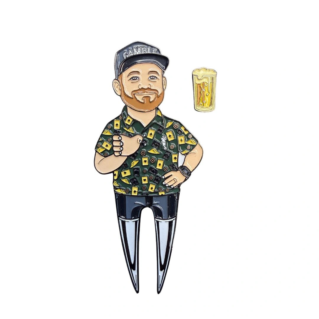 Cartoon-style illustration of a smiling, bearded man in a cap and patterned shirt giving a thumbs up beside a glass of beer. His legs resemble the Grunk Prez Divot Tool by Grunk Dolfer, nodding to premium golf accessories with magnetic ball marker.