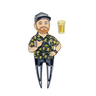 Cartoon-style illustration of a smiling, bearded man in a cap and patterned shirt giving a thumbs up beside a glass of beer. His legs resemble the Grunk Prez Divot Tool by Grunk Dolfer, nodding to premium golf accessories with magnetic ball marker.