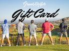 Five men in colorful golf attire stand with their backs to the camera, admiring a scenic course. Large text at the top features the Grunk Dolfer Gift Card by Grunk Dolfer—an ideal gift for any golf enthusiast.