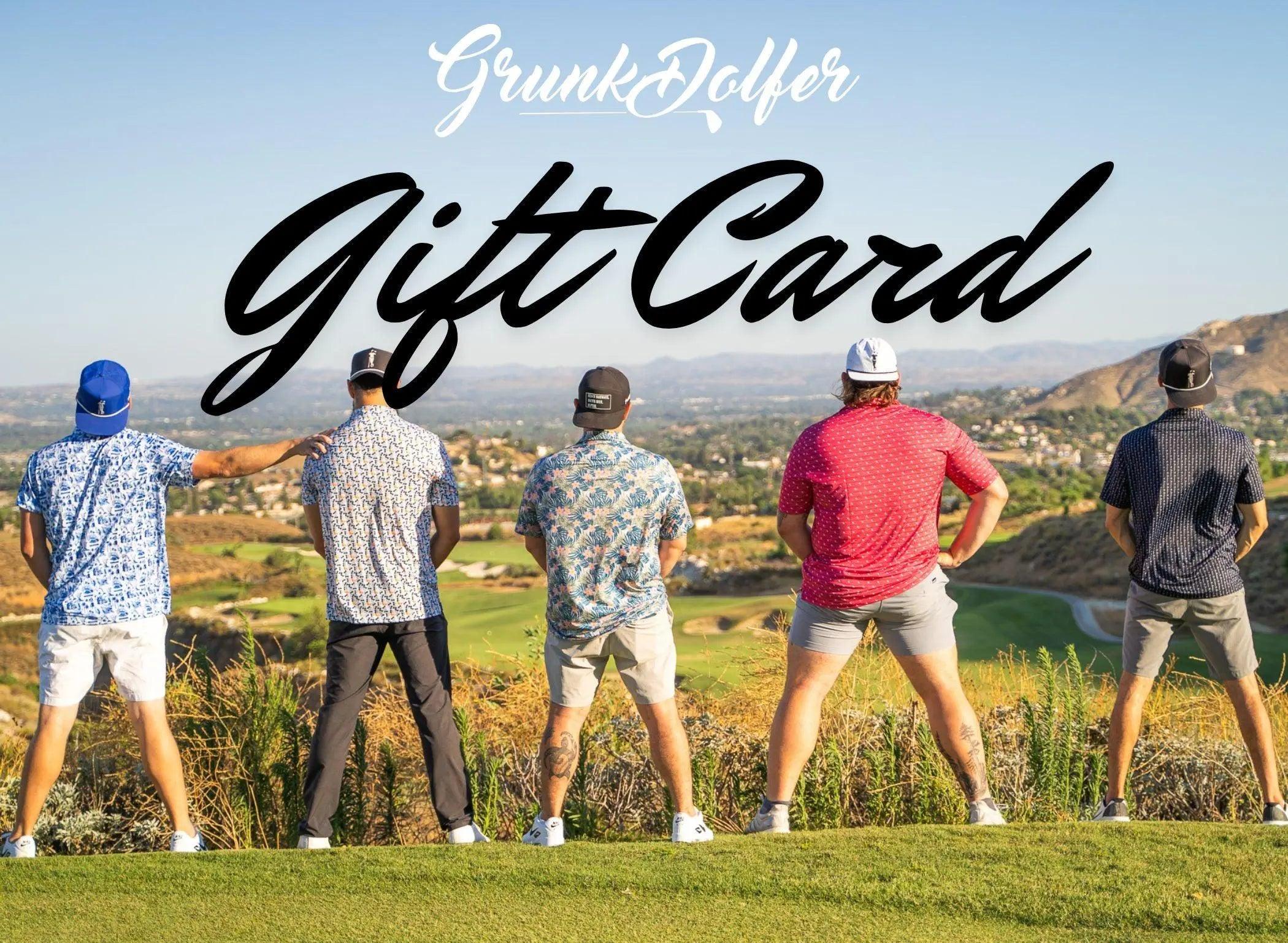 Five men in colorful golf attire stand with their backs to the camera, admiring a scenic course. Large text at the top features the Grunk Dolfer Gift Card by Grunk Dolfer—an ideal gift for any golf enthusiast.