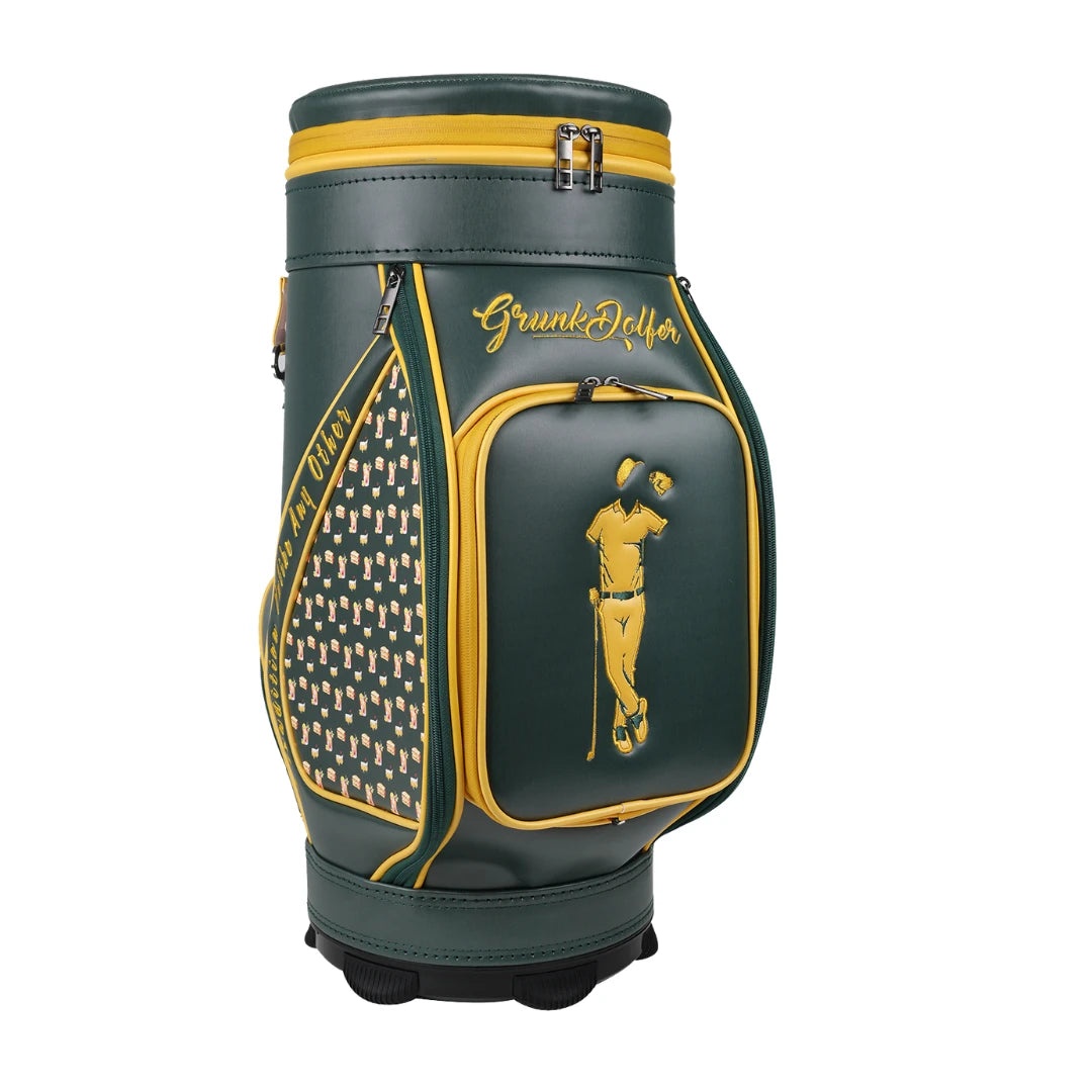 The Smashters Den Caddy by Grunk Dolfer is a green and yellow tournament-inspired golf bag with a gold golfer outline, gold "Grunk Dolfer" text, and small golfer silhouettes on the side pocket.