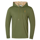 The Grunk Dolfer Desert Gamo Hoodie is an olive green, long-sleeve hoodie with a patterned inner hood, drawstrings, and a small gold embroidered figure on the left chest.