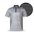 Show your wild side with the Grunk Dolfer Grey Palm Pop—a light gray short-sleeve polo featuring a dark collar, placket, and subtle white palm tree print. A magnified detail highlights the unique pattern beside the shirt.
