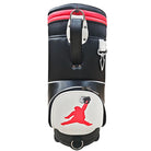 The Chunkman Den Caddy by Grunk Dolfer is a black and white premium golf bag with red accents, showcasing a red dunking basketball player silhouette on the front pocket.