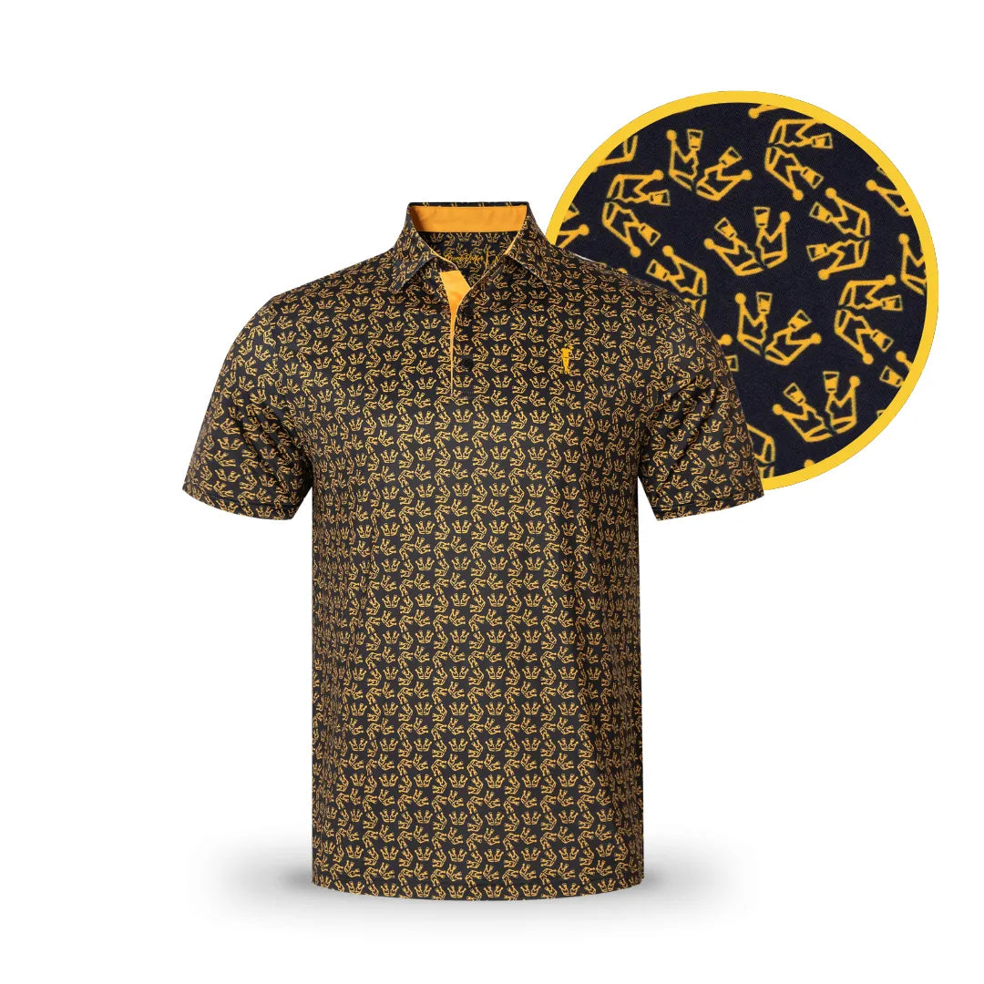 The Grunk Dolfer Broken Crowns black polo features gold abstract crown detailing, yellow accents on the collar and inner placket, and a close-up showing intricate crowns.
