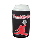 The Grunk Dolfer Red Chunkman Koozie is a black insulated drink holder with a red jumping figure and “Drunk Jolf” text—ideal as a fun golf cart accessory.