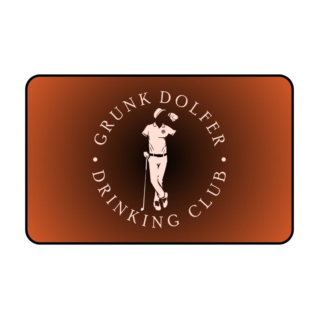 A logo of a relaxed golfer leaning on a club with a drink, and "Grunk Dolfer Drinking Club" in a circle—ideal for Drinking Club Membership from Grunk Dolfer—set on a brown gradient background.