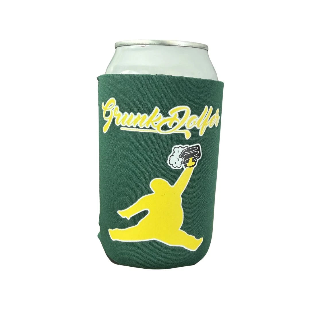 The Yellow Chunkman Koozie by Grunk Dolfer is a green insulated beverage holder with yellow and white “Grunk Dolfer” text and a yellow silhouette of a person jumping with a beer mug. It keeps your canned drink cool.