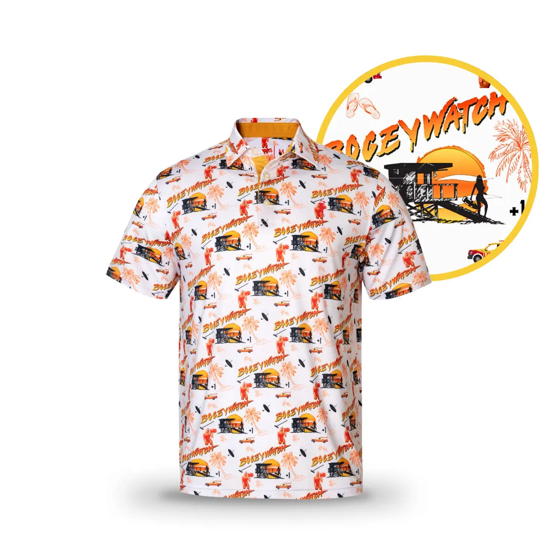The Grunk Dolfer Bogey Watch polo features a short-sleeve design with a colorful Beach Watch lifeguard and palm tree print—Baywatch-inspired graphics and logo make it perfect for the course.
