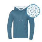 The Blue ChunkMan Hoodie by Grunk Dolfer features a white hood lining and playful blue food illustrations—like burgers, fries, and hot dogs—making it the perfect comfy, stylish pick for dad bods.