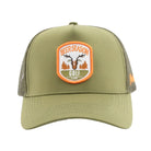 The Grunk Dolfer Beer Season Trucker is an olive green hat with breathable mesh and a front patch showing antlers, pine trees, a golf flag, and the Beer Season Golf Club logo in orange and white.
