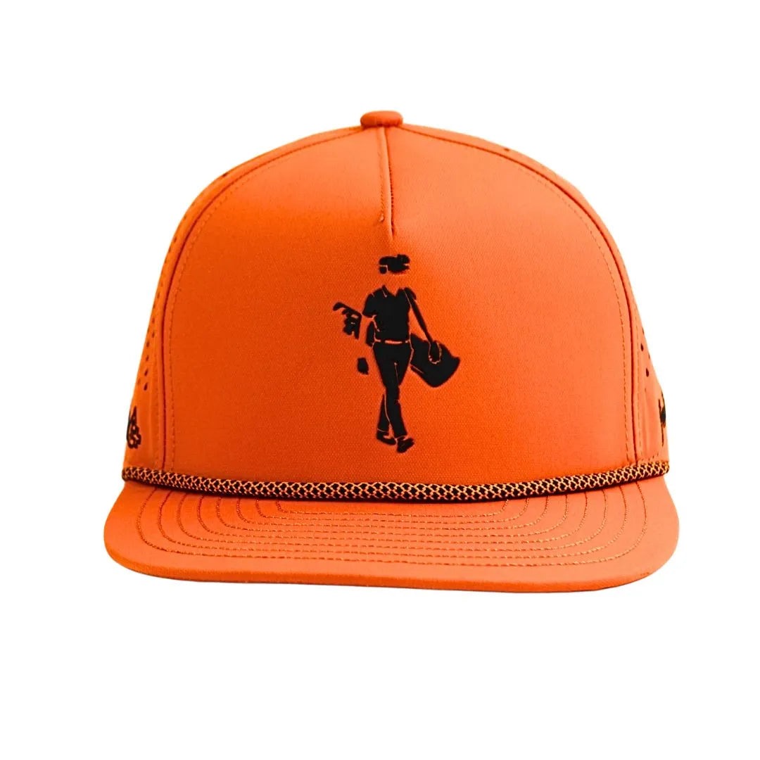 The Orange Grunk Walker Hat by Grunk Dolfer features a black silhouette front, decorative chain above the brim, moisture-wicking fabric, and a structured design for stylish comfort on or off the golf course.