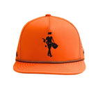 The Orange Grunk Walker Hat by Grunk Dolfer features a black silhouette front, decorative chain above the brim, moisture-wicking fabric, and a structured design for stylish comfort on or off the golf course.