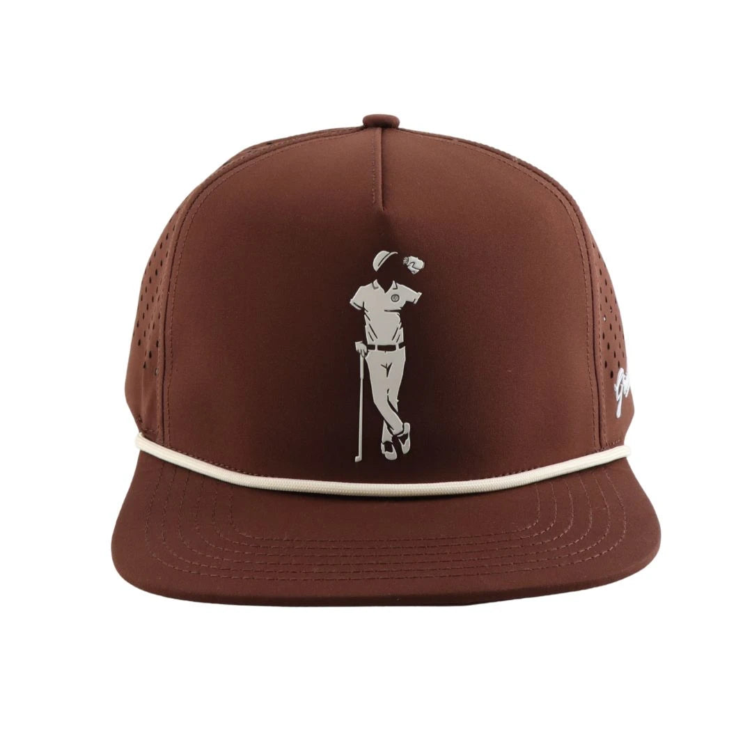 Introducing the Brown Grunk Hat by Grunk Dolfer—a stylish brown rope hat showcasing a white outline logo of a golfer leaning on a club, complete with white piping above the brim and small side ventilation holes—an ideal choice for any Grunk Hat enthusiast.