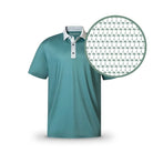 The Grunk Dolfer Minty Palm polo features short sleeves, a white collar and placket, and a small green palm tree pattern on teal. A magnified view shows the silky smooth fabric and repeating palm design.