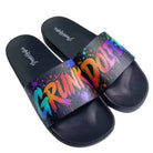 Step out in style with the Splatter Grunk Slides by Grunk Dolfer—black sandals featuring colorful paint splatters and the word GRUNKDOLF boldly displayed in multicolored letters across the straps. These waterproof sandals have an anti-slip sole, making them perfect for adding a splash of personality to any outfit, wherever you go.