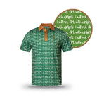 The Green Repeat Offender by Grunk Dolfer is a green polo with a brown collar and placket, featuring all-over white "I will not flirt with catgirls." text—a quirky golf shirt for those who love to stand out.