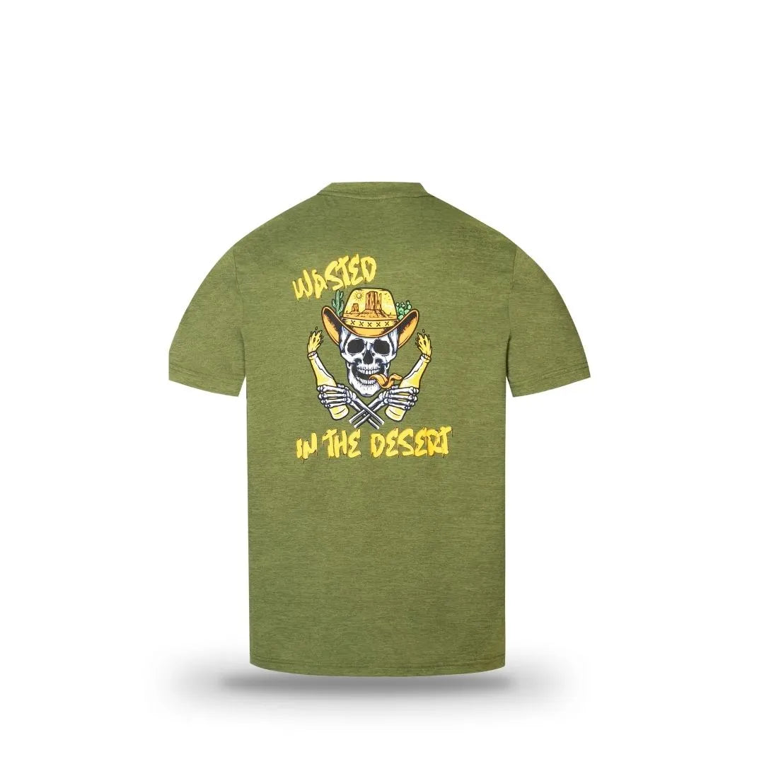 The Grunk Dolfer Wasted Tee in olive green is made from recycled polyester and features a back graphic of a skull in a cowboy hat with crossed arms holding bottles, plus "Wasted in the Desert" in bold yellow. Perfect for stadium golf days.