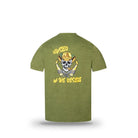 The Grunk Dolfer Wasted Tee in olive green is made from recycled polyester and features a back graphic of a skull in a cowboy hat with crossed arms holding bottles, plus "Wasted in the Desert" in bold yellow. Perfect for stadium golf days.
