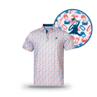 The Grunk Dolfer Patriot Chunkman is a short-sleeve polo with red, white, and blue American flag, hat, shoe, and drink icons. A close-up shows the festive details on this perfect 4th of July shirt’s fabric.