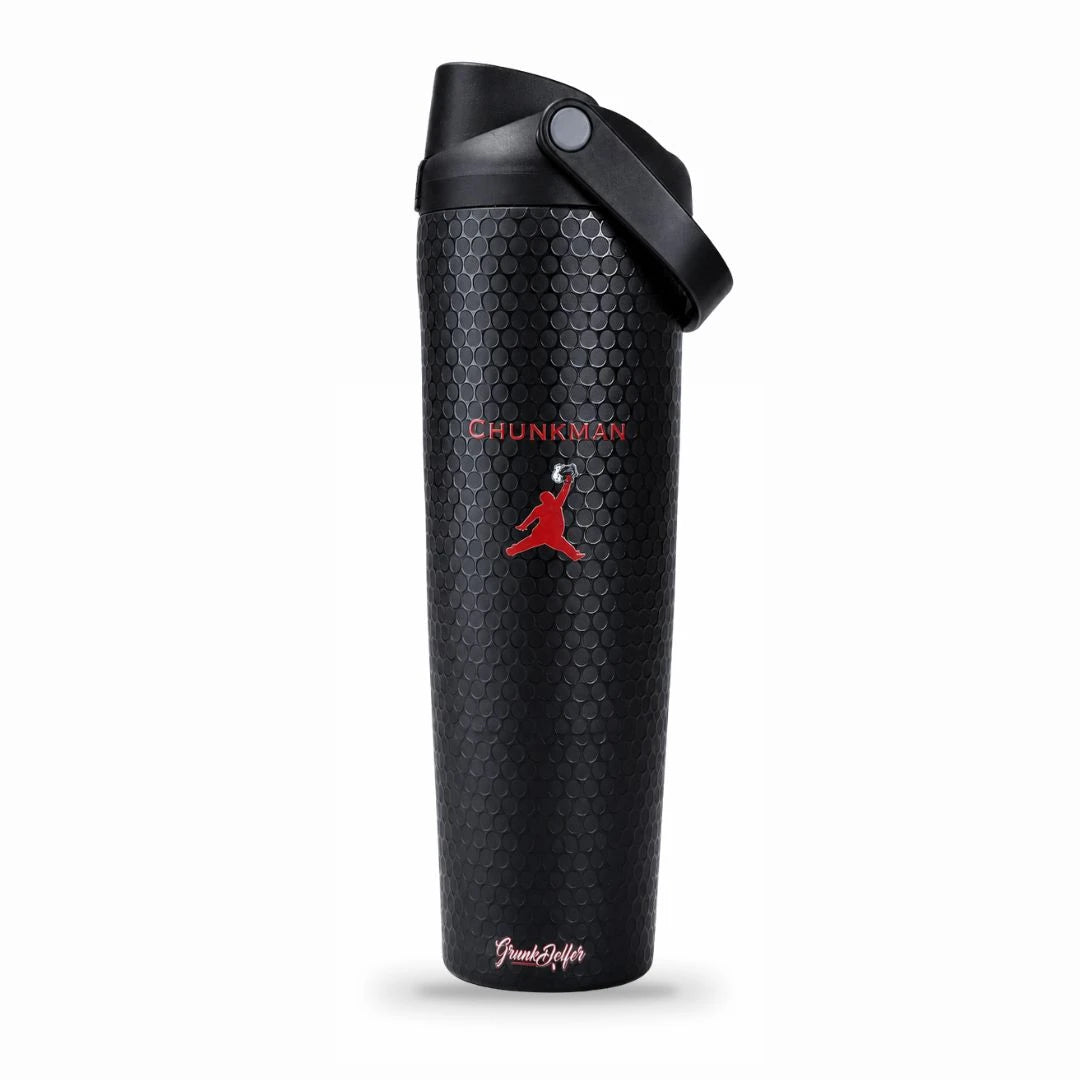 Introducing the Grunk Dolfer Chunkman Growler, a tall black 32 oz tumbler featuring a distinctive honeycomb texture and convenient flip-top lid. The design showcases a red silhouette of a basketball player with CHUNKMAN text above, along with signature-style text near the bottom set against a white background. This vacuum insulated stainless steel growler is perfect for hydration on the go.