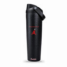 Introducing the Grunk Dolfer Chunkman Growler, a tall black 32 oz tumbler featuring a distinctive honeycomb texture and convenient flip-top lid. The design showcases a red silhouette of a basketball player with CHUNKMAN text above, along with signature-style text near the bottom set against a white background. This vacuum insulated stainless steel growler is perfect for hydration on the go.