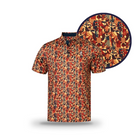 The Grunk Dolfer Grunk Fathers Polo is a short-sleeved button-up featuring a vibrant red, yellow, and blue abstract pattern. A close-up inset shows the detailed Americana design on its performance fabric.