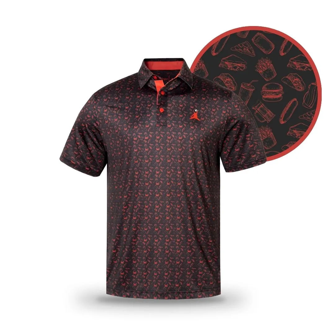 The Black ChunkMan Polo by Grunk Dolfer features a red button placket and playful red food-themed patterns—ideal for dad-bods or chubby guys. A close-up highlights burger, fries, and drink details.