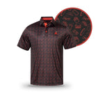 The Black ChunkMan Polo by Grunk Dolfer features a red button placket and playful red food-themed patterns—ideal for dad-bods or chubby guys. A close-up highlights burger, fries, and drink details.