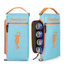 Two blue and orange Blue Closet Grunk Cooler bags from Grunk Dolfer, each holding six cans, feature a golfer graphic and “Grunk Dolfer” written on the front. One bag is shown closed while the other is open to display the cans inside. Perfect as a slim golf cooler for keeping your drinks chilled on the course or as a convenient golf bag cooler for any outing.