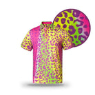 The Grunk Dolfer Vegas Leopard polo features a vibrant pink, yellow, and green neon animal print. A close-up circle shows striking detail on this short-sleeve performance golf shirt, displayed against a white background.