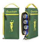 Two green and yellow insulated Green Closet Grunk Coolers from Grunk Dolfer, each featuring a golfer graphic. One cooler is open to display its capacity for six soda cans—perfect as a slim, handy course companion—while the other remains closed to showcase the front design.