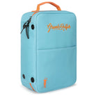 The Blue Shoe Bag by Grunk Dolfer is a light blue rectangular travel bag with an orange handle and zippers, featuring the Grunk Dolfer name and golfer logo in orange. This waterproof golf shoe organizer includes a front pocket and black grommets near the base, making it ideal for storing your golf shoes on your next round.
