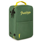 Introducing the Green Shoe Bag by Grunk Dolfer: This stylish rectangular golf shoe organizer features eye-catching yellow accents, a convenient yellow handle, and the Grunk Dolfer logo in yellow script on the front. A small golfer graphic decorates the lower front corner, making this waterproof bag both practical and fashionable for keeping your golf gear protected.