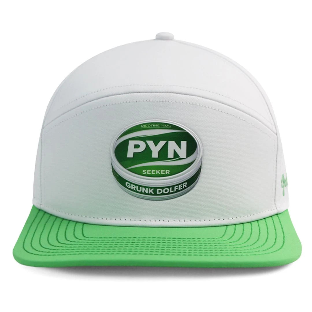 A white Pyn Seeker Hat by Grunk Dolfer with a green brim and a circular mint tin-style logo on the front. Perfect for any golf course.