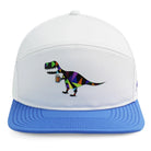 The Reptard Hat by Grunk Dolfer is a white and blue cap featuring a vibrant geometric T. rex drinking beer on the front—perfect as a fun golf hat.