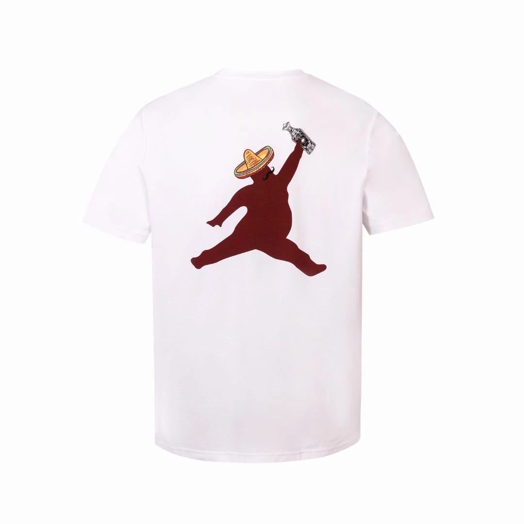 The Grunk Dolfer Drinko De Chunk Tee is a white golf t-shirt with a playful back graphic of a sombrero-wearing, burrito-holding figure—a fun parody sports logo. Perfect fiesta shirt for those who love humorous style.