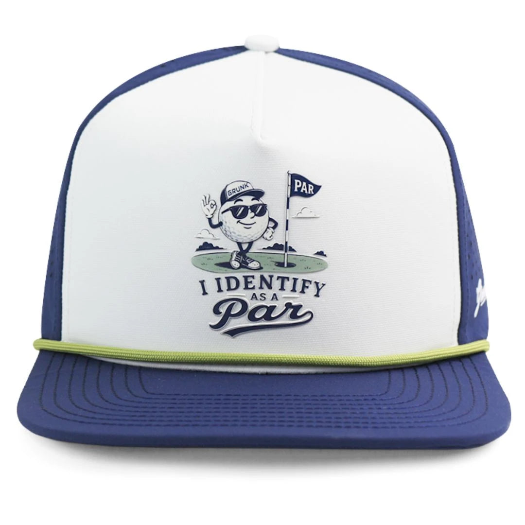 A blue and white Grunk Dolfer 72 Hat featuring a cartoon golf ball with sunglasses by a flag and I IDENTIFY AS A PAR text—perfect for fans of fun golf hats.
