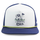 A blue and white Grunk Dolfer 72 Hat featuring a cartoon golf ball with sunglasses by a flag and I IDENTIFY AS A PAR text—perfect for fans of fun golf hats.