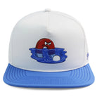 The Grunk Dolfer Water Hazard Hat is a white and blue golf hat with an angry red horseshoe magnet in water attracting a golf ball—eye-catching and water-resistant for bold players.