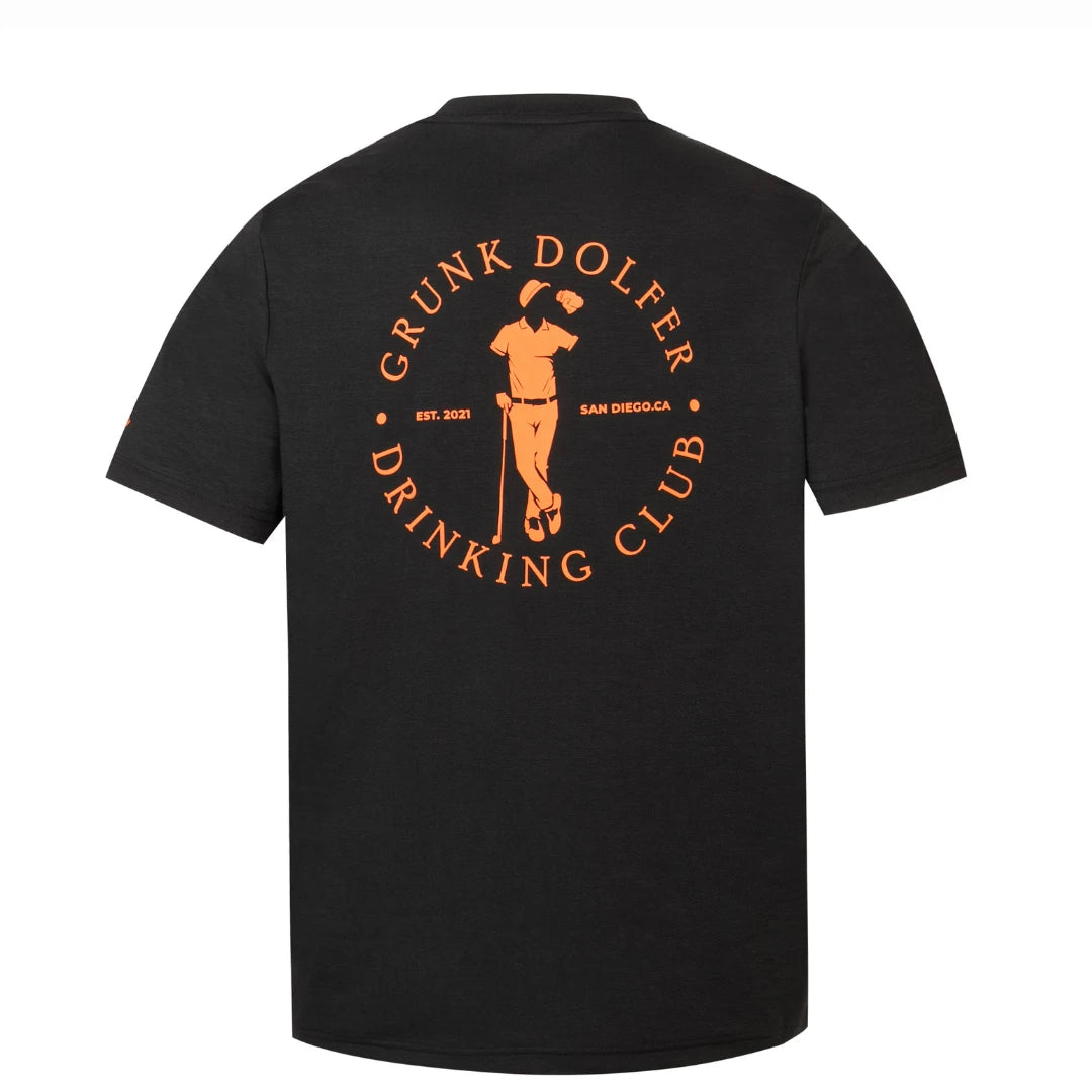 The Orange Member Tee by Grunk Dolfer is a black golf shirt featuring an orange graphic on the back of a person holding a golf club and drink, with text: “Grunk Dolfer Drinking Club Member Tee, Est. 2021, San Diego CA.”.