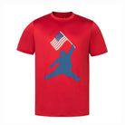 Show your pride in the Grunk Dolfer Patriot Chunkman Tee, a red performance golf shirt with a blue silhouette of a jumping person holding an American flag graphic.
