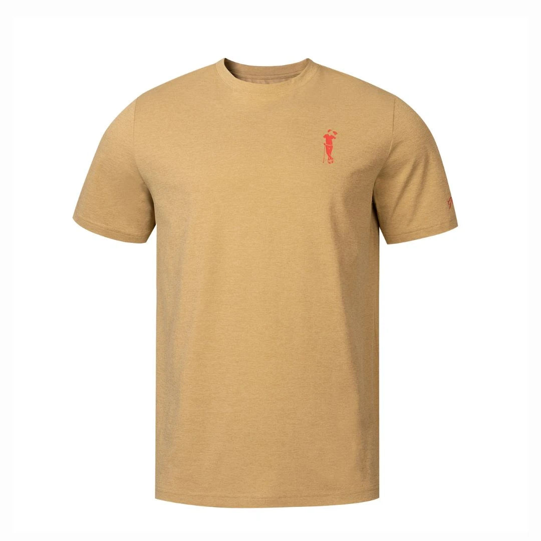 The Grunk Dolfer Grunk Fathers Tee is a light brown short-sleeve golf graphic tee with a small red golfer on the left chest, a classic crew neckline, and no other visible designs or logos.