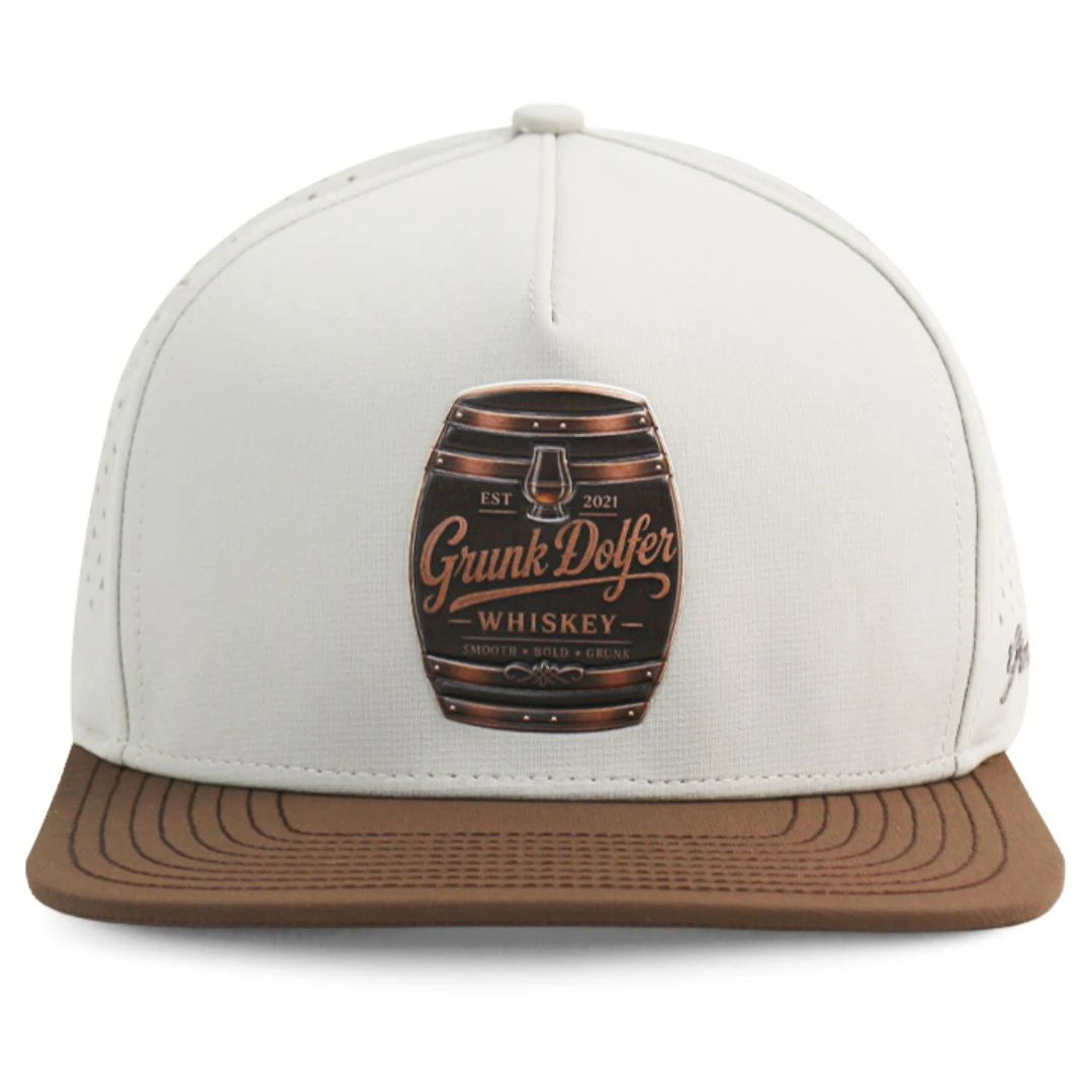 White and brown Grunk Whisky Hat by Grunk Dolfer with a whiskey barrel patch on the front reading Grunk Dolfer Whiskey, Smooth - Bold - Clean, Est 2021. A must-have for any enthusiast.