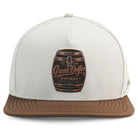 White and brown Grunk Whisky Hat by Grunk Dolfer with a whiskey barrel patch on the front reading Grunk Dolfer Whiskey, Smooth - Bold - Clean, Est 2021. A must-have for any enthusiast.